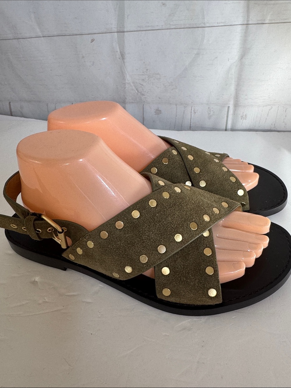 Madewell Size 9 Tuley Olive Green Crossover Strap Studded Boho Sandals - Picture 3 of 7